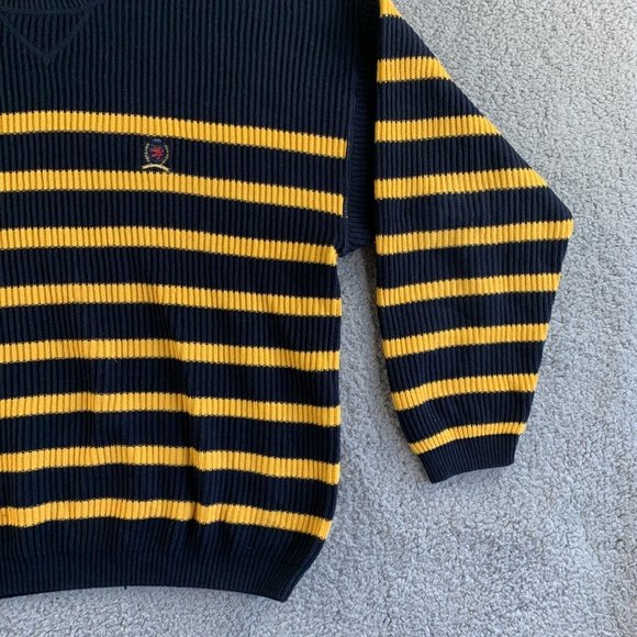 Vintage Tommy Hilfiger Sweater Mens XL Blue Yellow Striped Chunky Knit Pullover - Picture 6 of 12